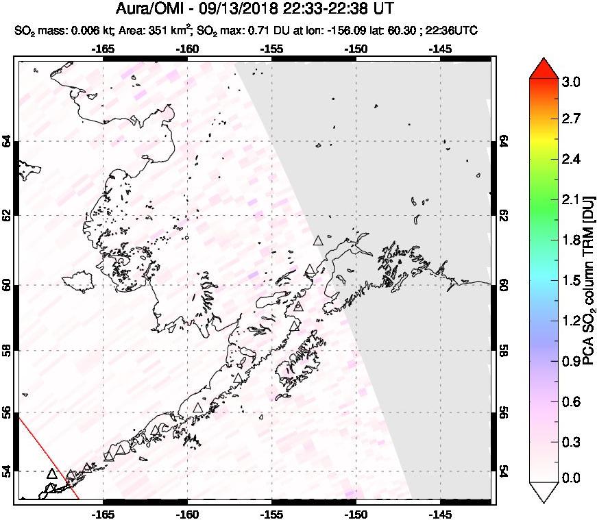 A sulfur dioxide image over Alaska, USA on Sep 13, 2018.