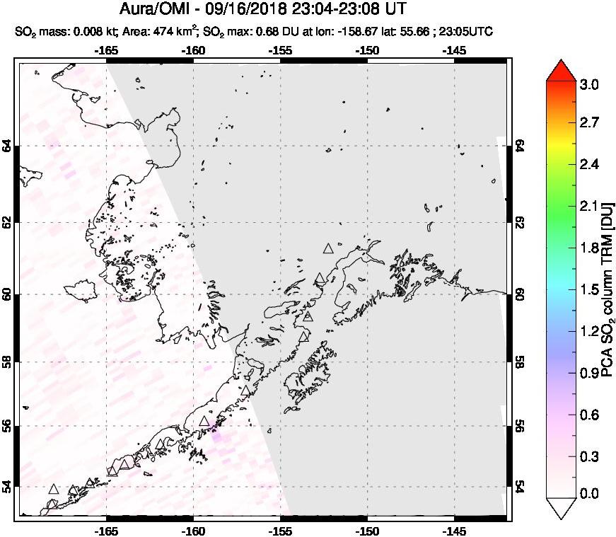 A sulfur dioxide image over Alaska, USA on Sep 16, 2018.