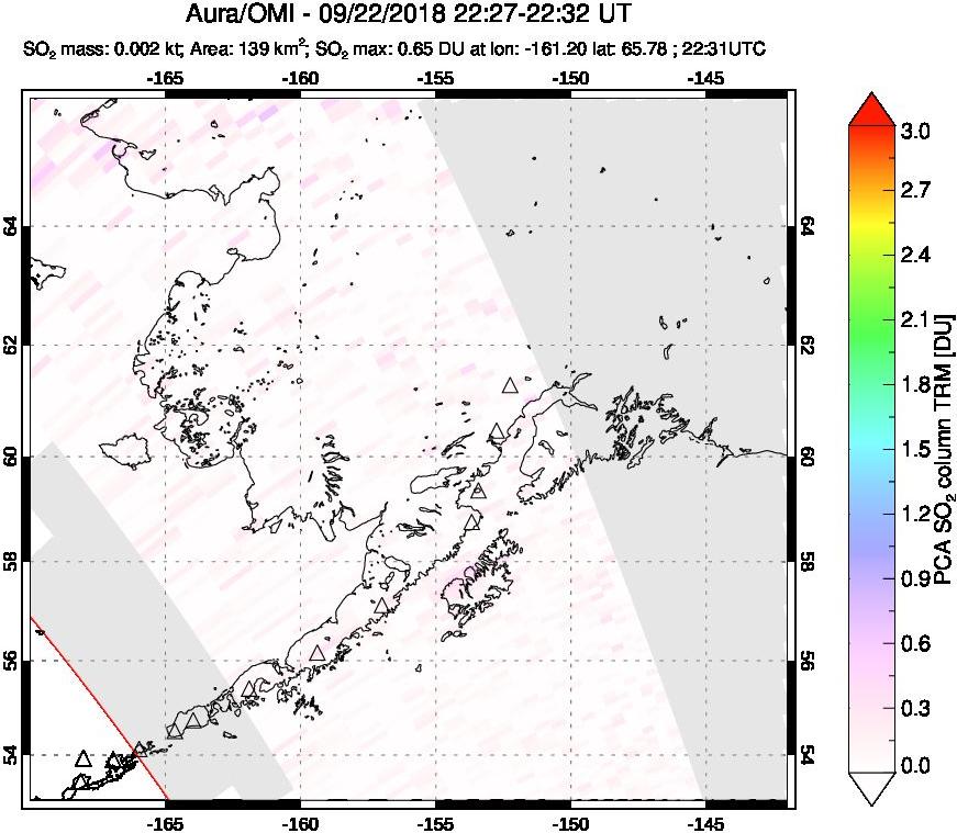 A sulfur dioxide image over Alaska, USA on Sep 22, 2018.