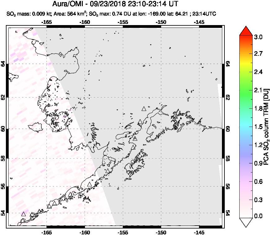 A sulfur dioxide image over Alaska, USA on Sep 23, 2018.