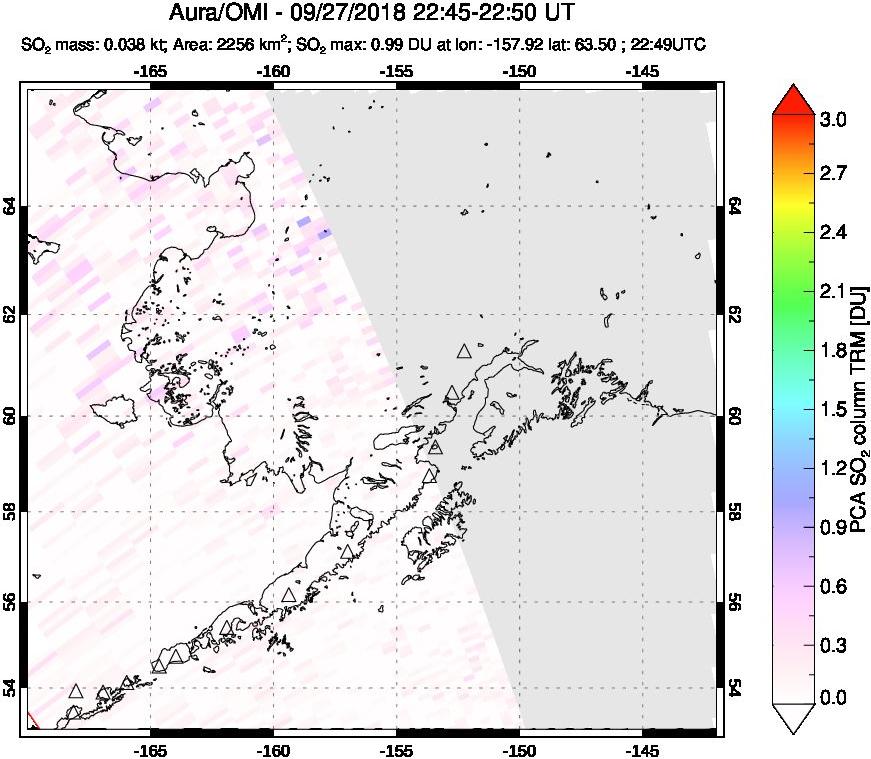 A sulfur dioxide image over Alaska, USA on Sep 27, 2018.