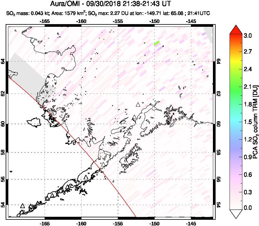 A sulfur dioxide image over Alaska, USA on Sep 30, 2018.