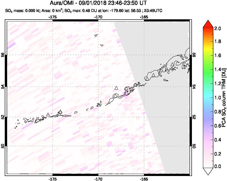A sulfur dioxide image over Aleutian Islands, Alaska, USA on Sep 01, 2018.