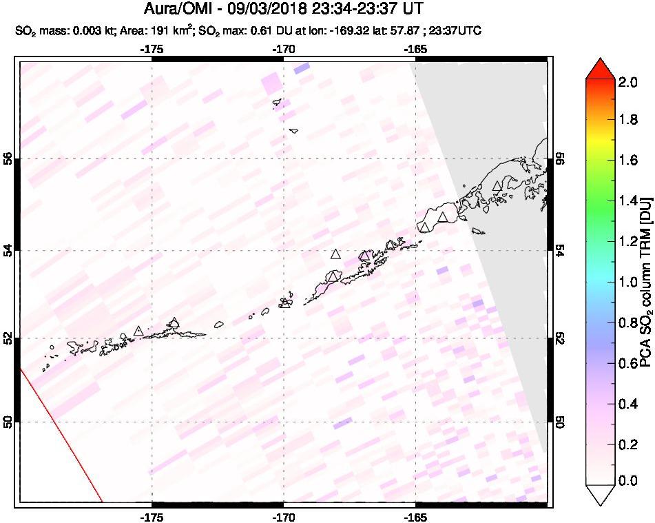 A sulfur dioxide image over Aleutian Islands, Alaska, USA on Sep 03, 2018.