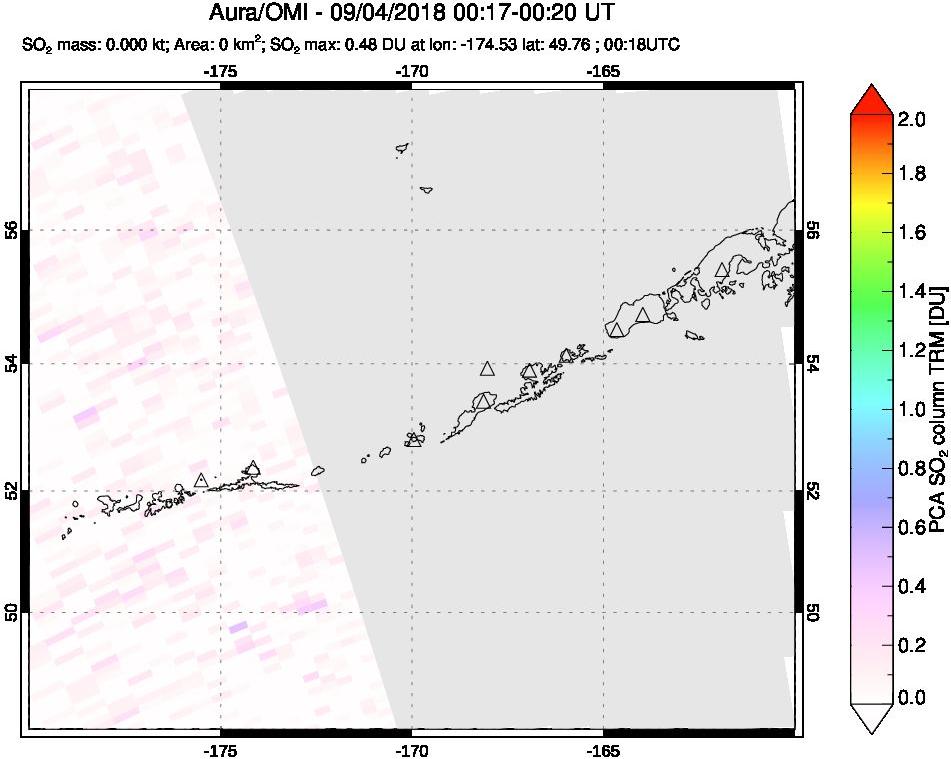 A sulfur dioxide image over Aleutian Islands, Alaska, USA on Sep 04, 2018.