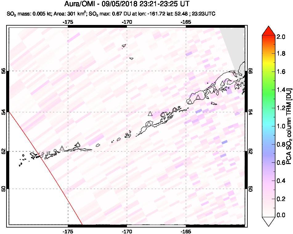 A sulfur dioxide image over Aleutian Islands, Alaska, USA on Sep 05, 2018.