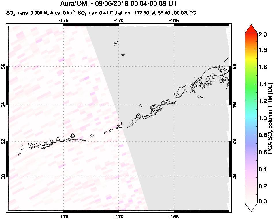 A sulfur dioxide image over Aleutian Islands, Alaska, USA on Sep 06, 2018.