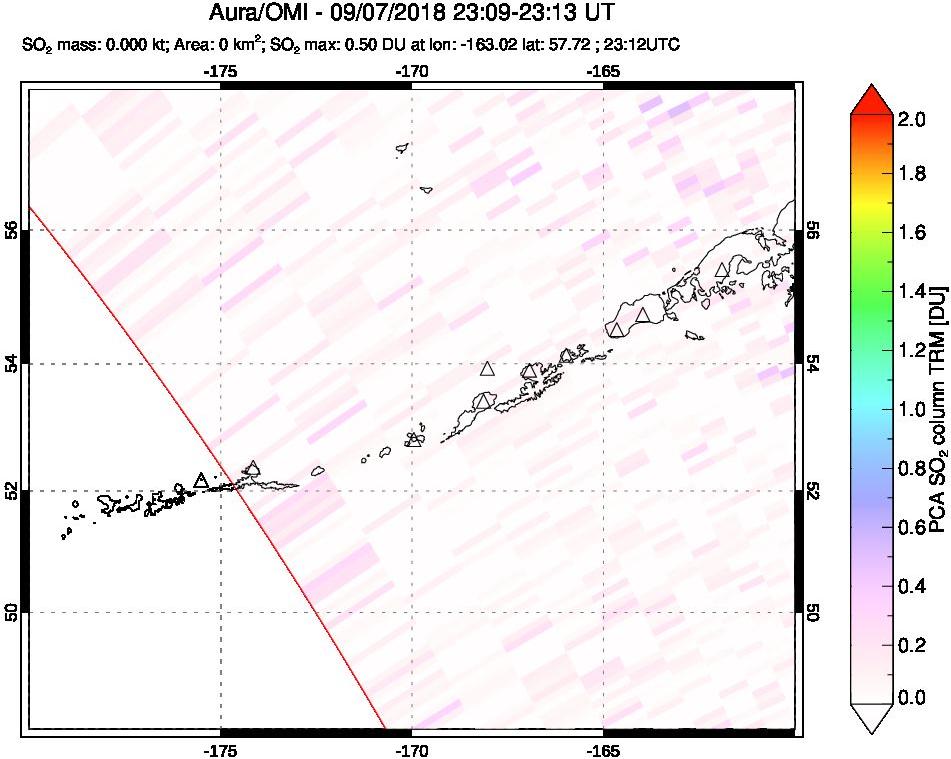A sulfur dioxide image over Aleutian Islands, Alaska, USA on Sep 07, 2018.