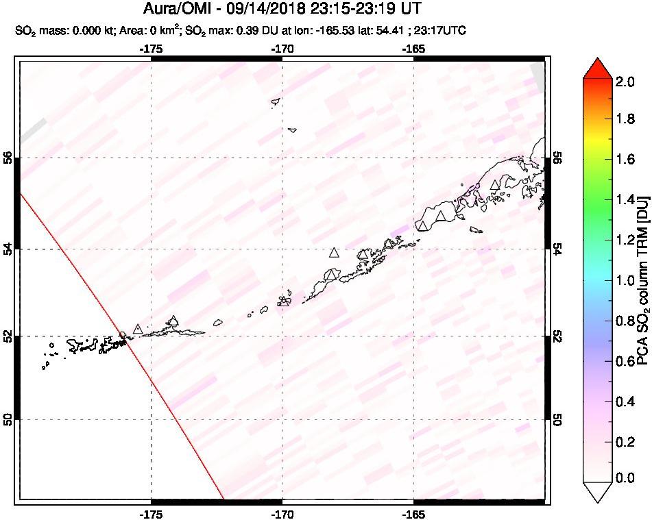 A sulfur dioxide image over Aleutian Islands, Alaska, USA on Sep 14, 2018.