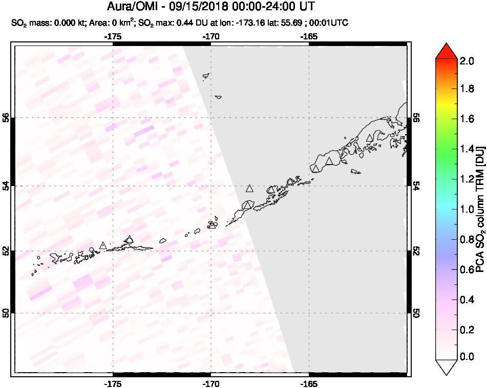A sulfur dioxide image over Aleutian Islands, Alaska, USA on Sep 15, 2018.