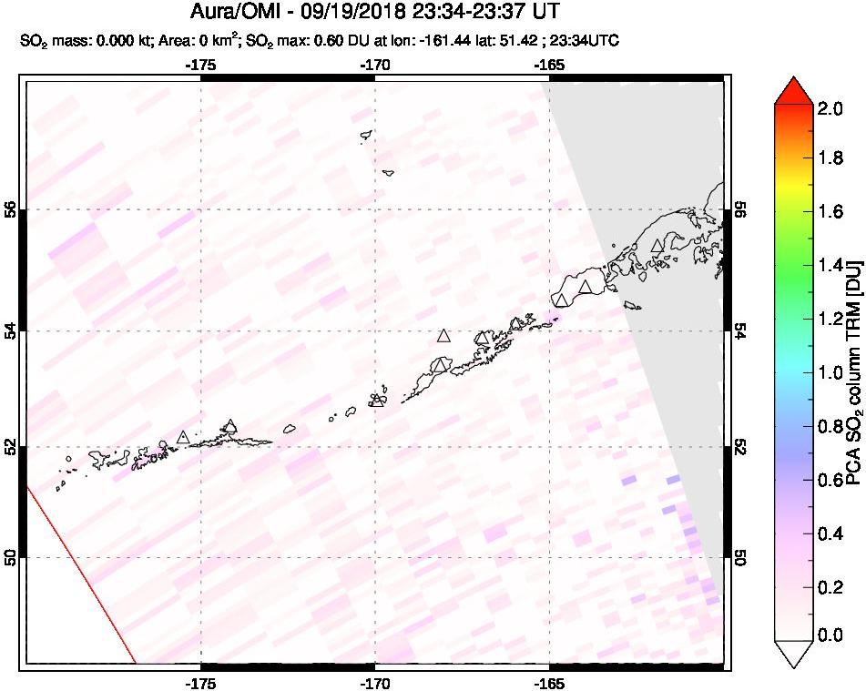 A sulfur dioxide image over Aleutian Islands, Alaska, USA on Sep 19, 2018.