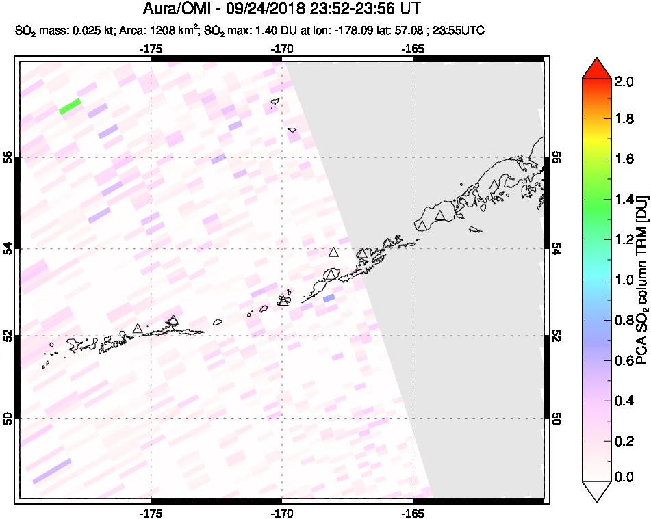 A sulfur dioxide image over Aleutian Islands, Alaska, USA on Sep 24, 2018.
