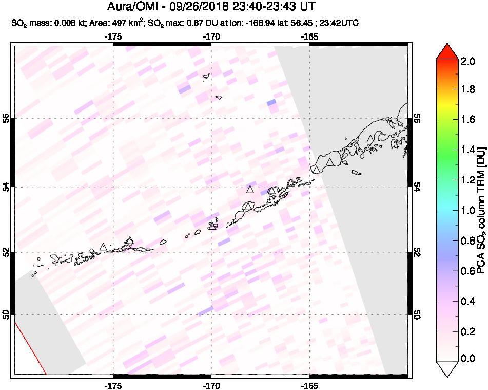 A sulfur dioxide image over Aleutian Islands, Alaska, USA on Sep 26, 2018.
