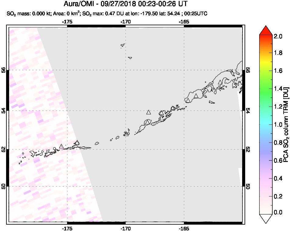 A sulfur dioxide image over Aleutian Islands, Alaska, USA on Sep 27, 2018.
