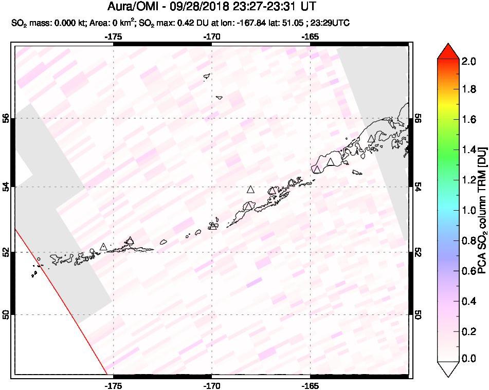 A sulfur dioxide image over Aleutian Islands, Alaska, USA on Sep 28, 2018.