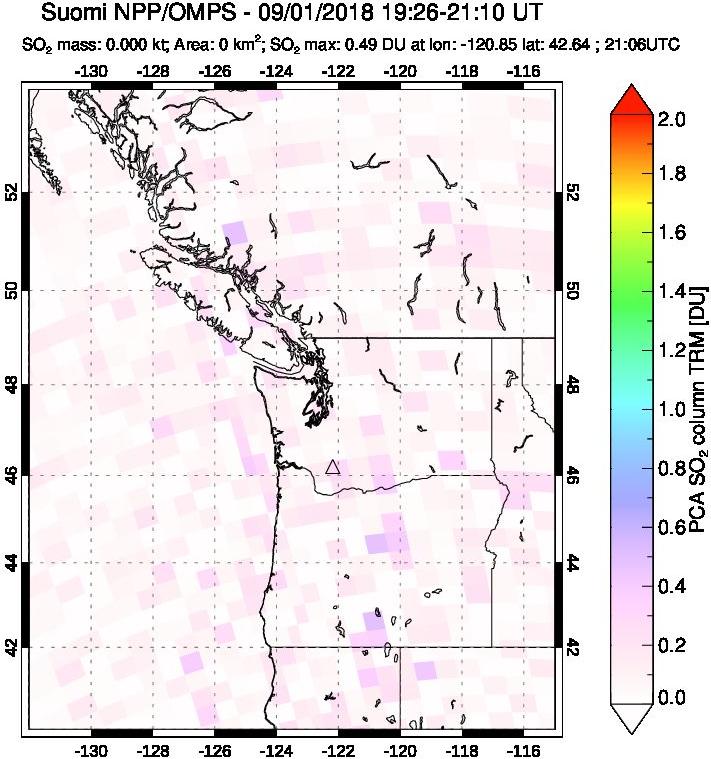 A sulfur dioxide image over Cascade Range, USA on Sep 01, 2018.