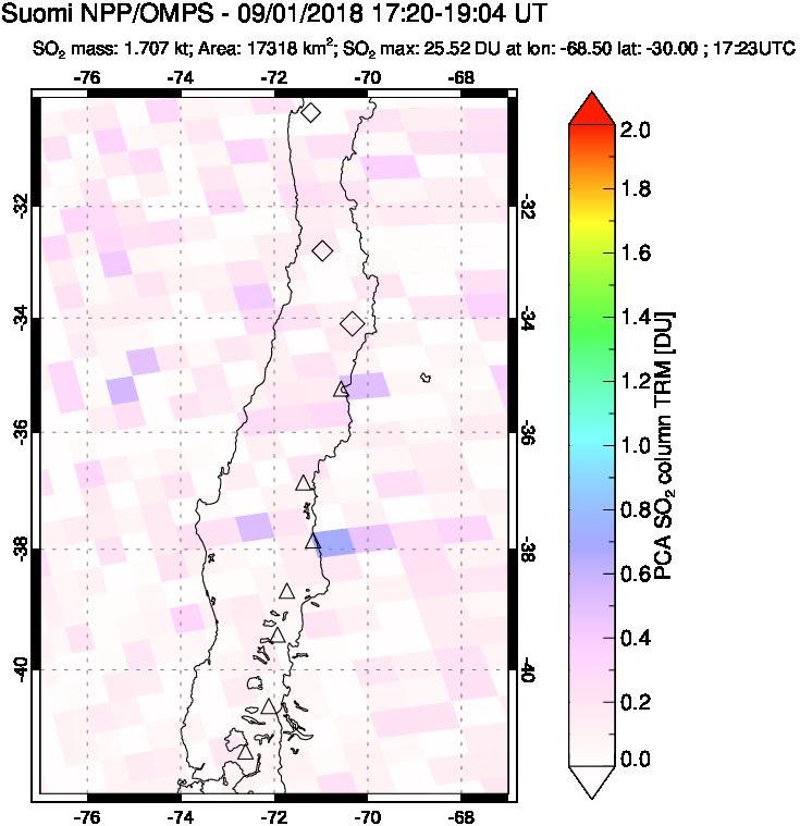 A sulfur dioxide image over Central Chile on Sep 01, 2018.