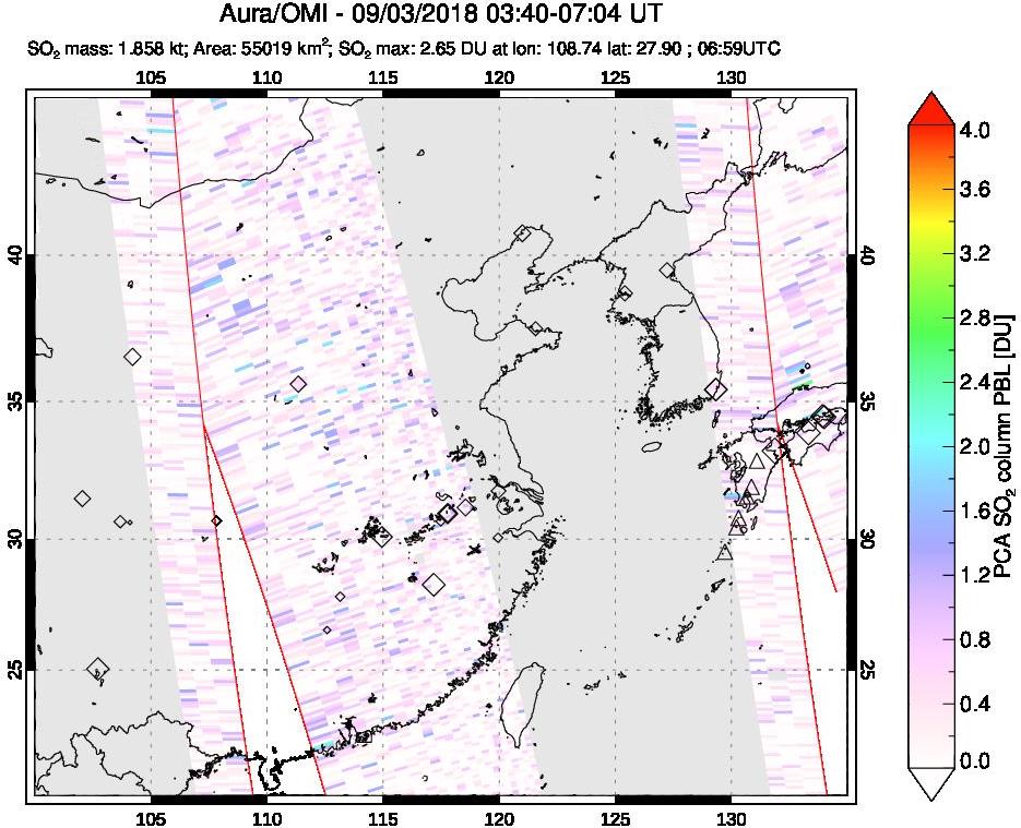 A sulfur dioxide image over Eastern China on Sep 03, 2018.