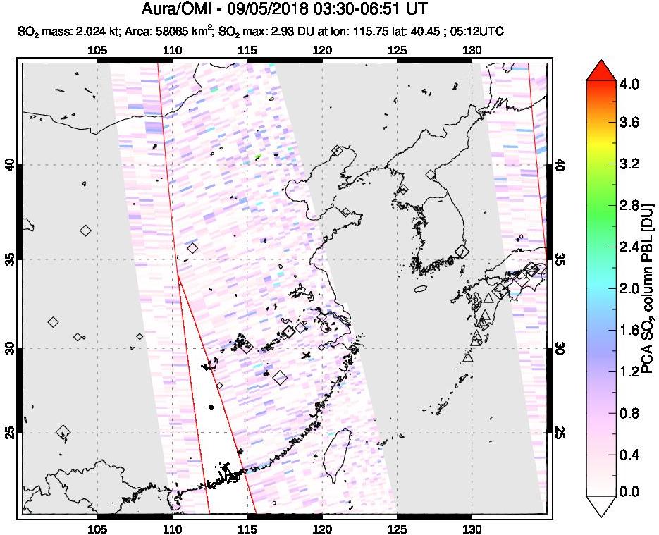 A sulfur dioxide image over Eastern China on Sep 05, 2018.