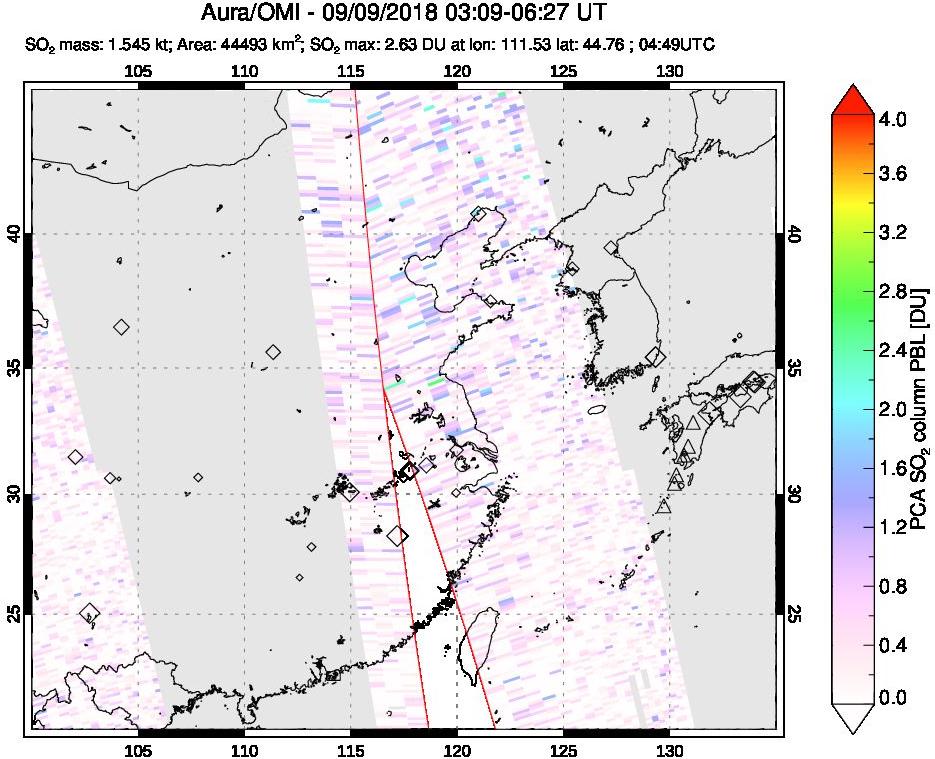 A sulfur dioxide image over Eastern China on Sep 09, 2018.