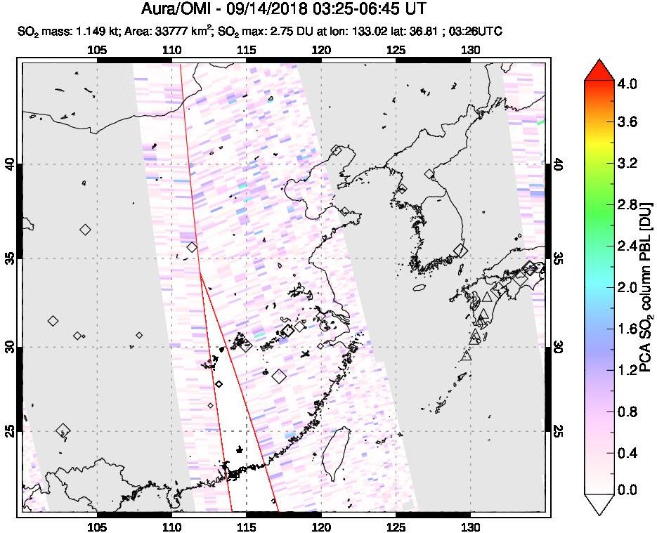 A sulfur dioxide image over Eastern China on Sep 14, 2018.