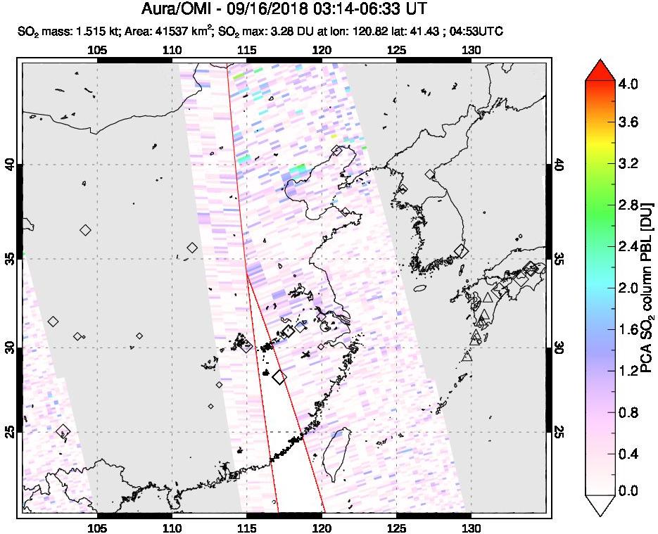 A sulfur dioxide image over Eastern China on Sep 16, 2018.