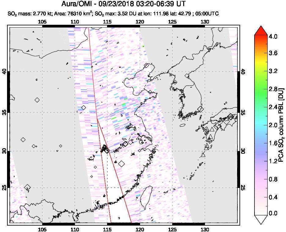 A sulfur dioxide image over Eastern China on Sep 23, 2018.