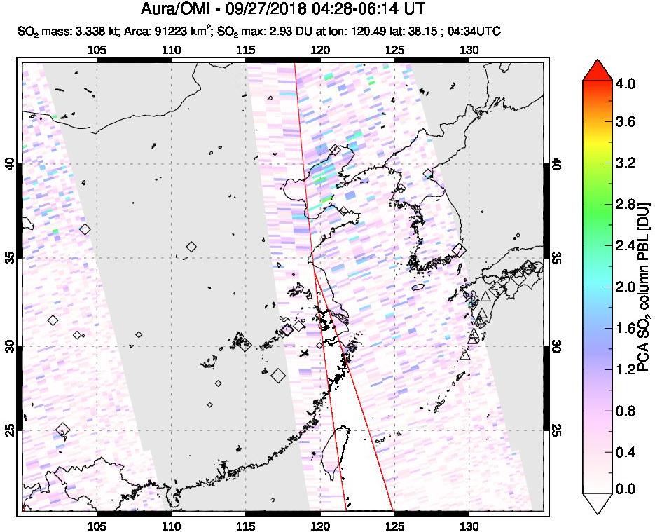 A sulfur dioxide image over Eastern China on Sep 27, 2018.