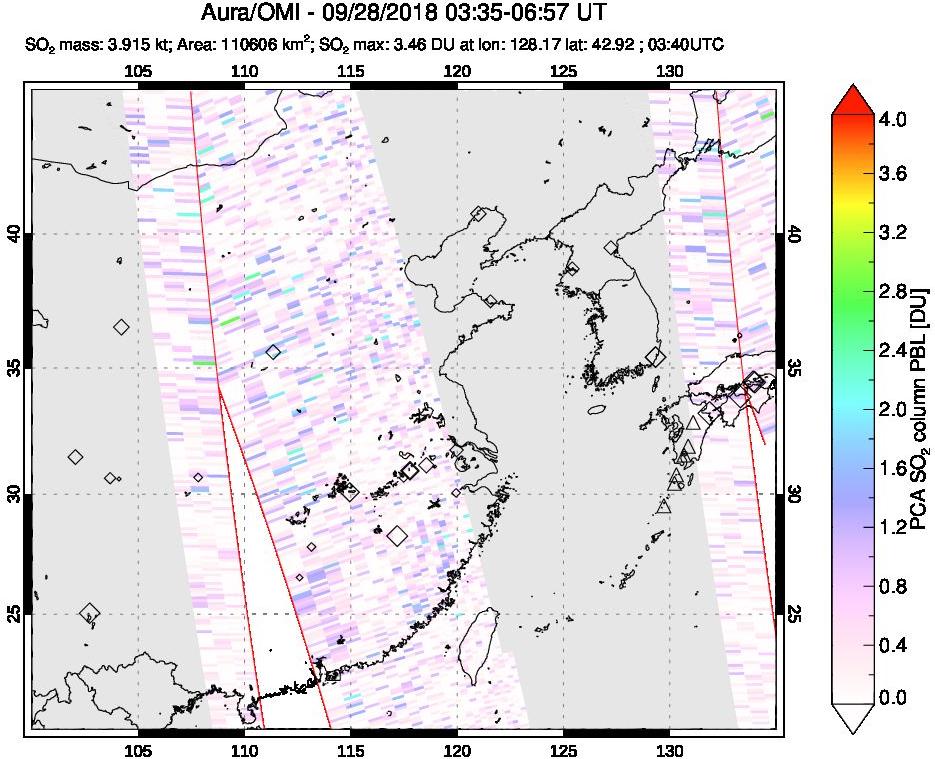 A sulfur dioxide image over Eastern China on Sep 28, 2018.