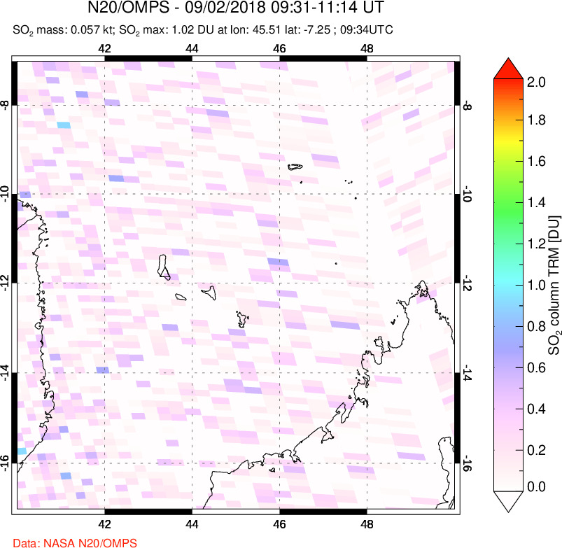 A sulfur dioxide image over Comoro Islands on Sep 02, 2018.