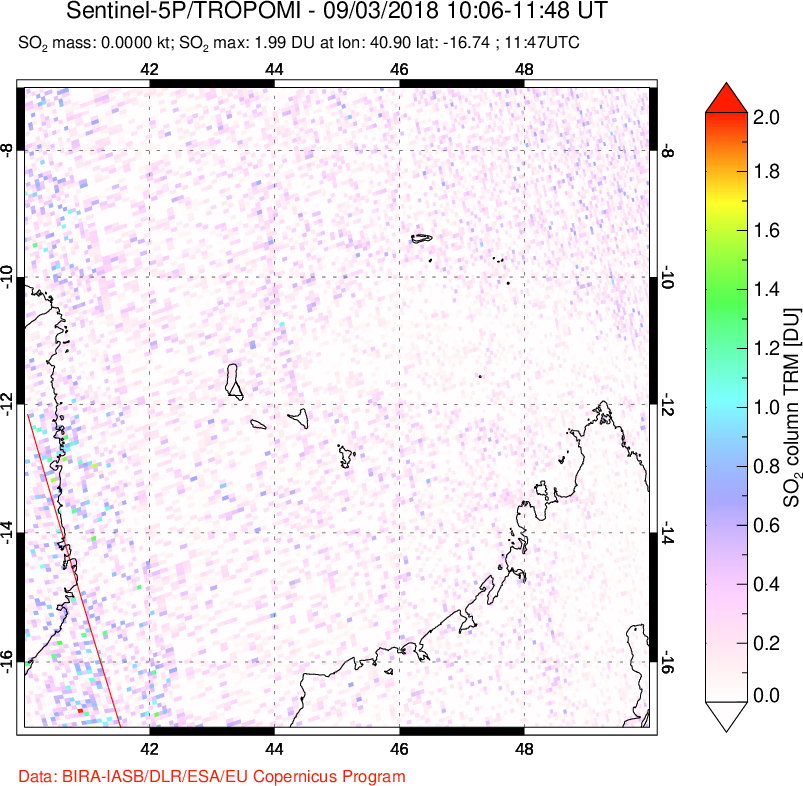 A sulfur dioxide image over Comoro Islands on Sep 03, 2018.