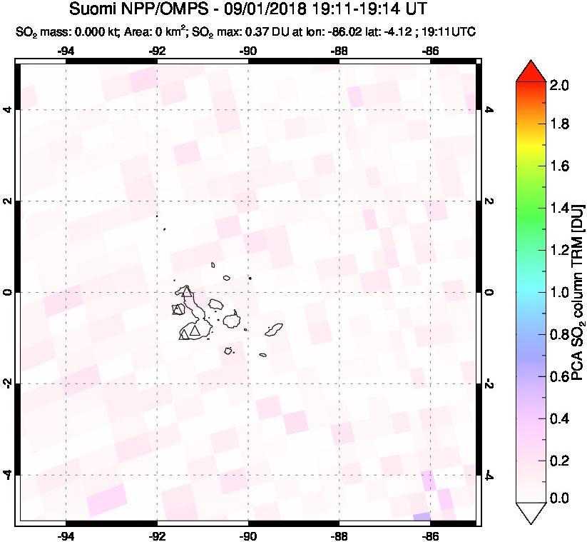 A sulfur dioxide image over Galápagos Islands on Sep 01, 2018.