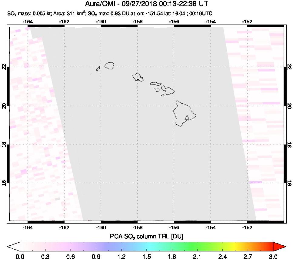 A sulfur dioxide image over Hawaii, USA on Sep 27, 2018.