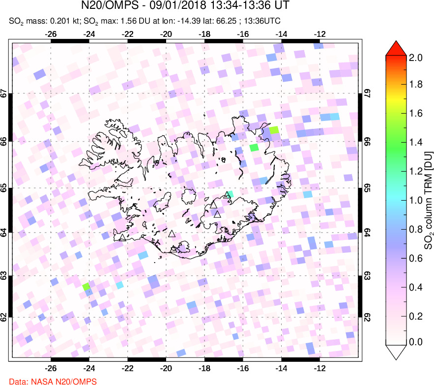 A sulfur dioxide image over Iceland on Sep 01, 2018.
