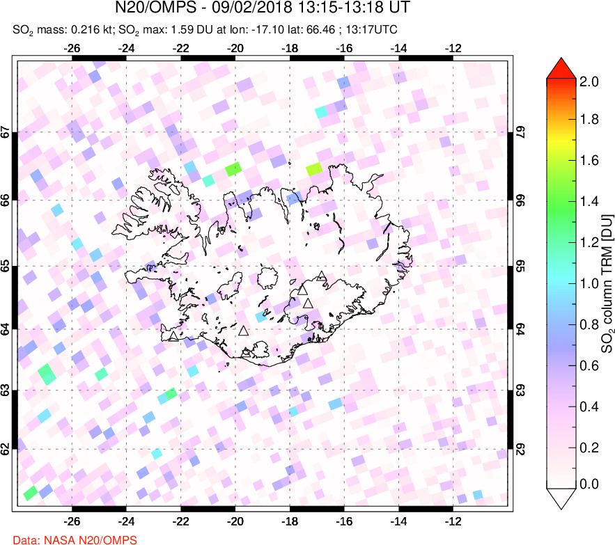 A sulfur dioxide image over Iceland on Sep 02, 2018.