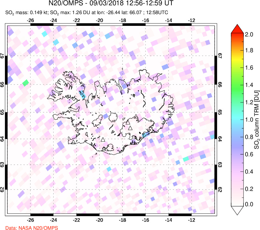 A sulfur dioxide image over Iceland on Sep 03, 2018.