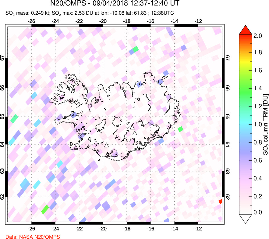 A sulfur dioxide image over Iceland on Sep 04, 2018.