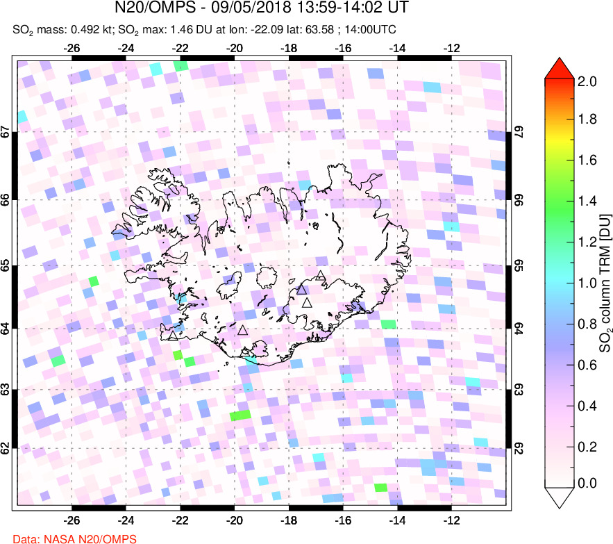 A sulfur dioxide image over Iceland on Sep 05, 2018.