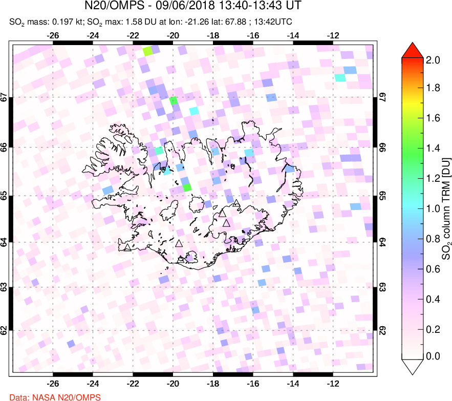 A sulfur dioxide image over Iceland on Sep 06, 2018.