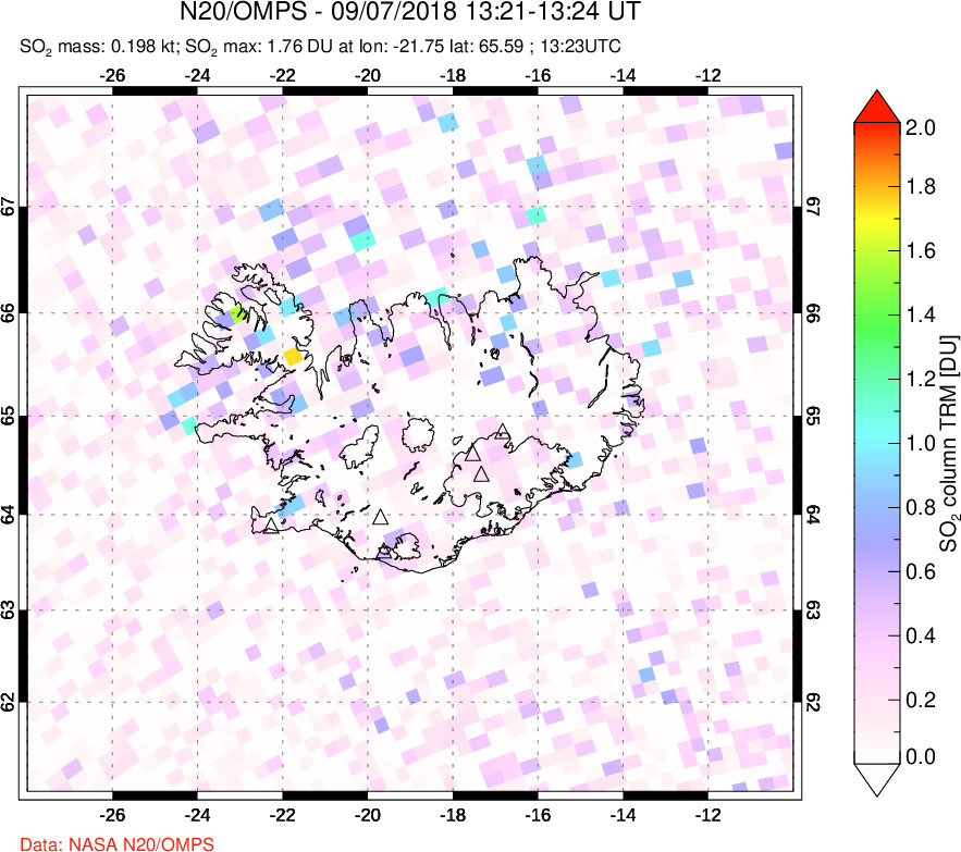 A sulfur dioxide image over Iceland on Sep 07, 2018.