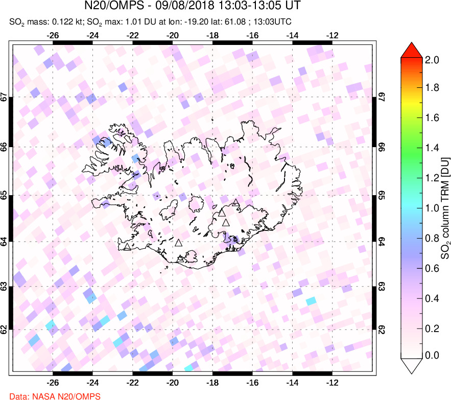 A sulfur dioxide image over Iceland on Sep 08, 2018.