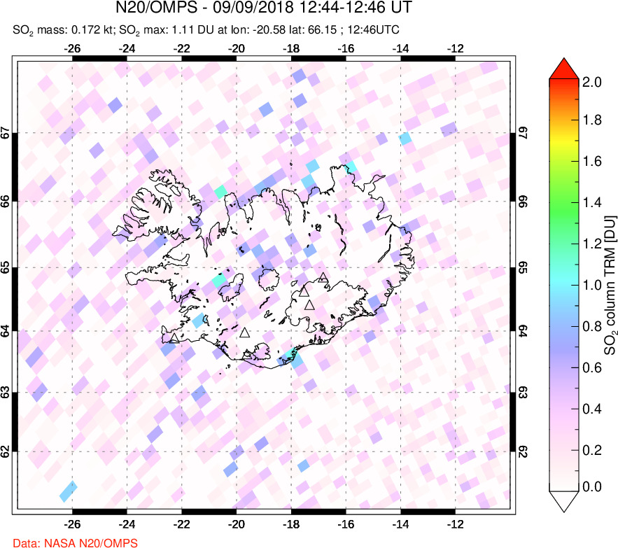 A sulfur dioxide image over Iceland on Sep 09, 2018.