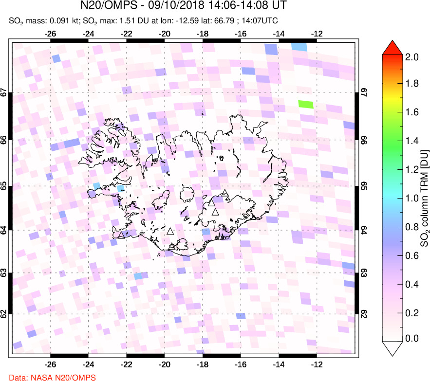 A sulfur dioxide image over Iceland on Sep 10, 2018.