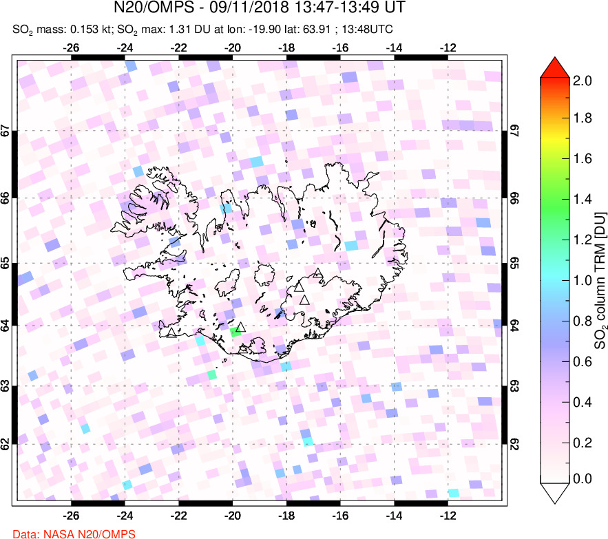 A sulfur dioxide image over Iceland on Sep 11, 2018.