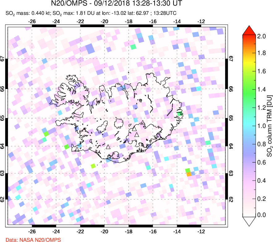 A sulfur dioxide image over Iceland on Sep 12, 2018.