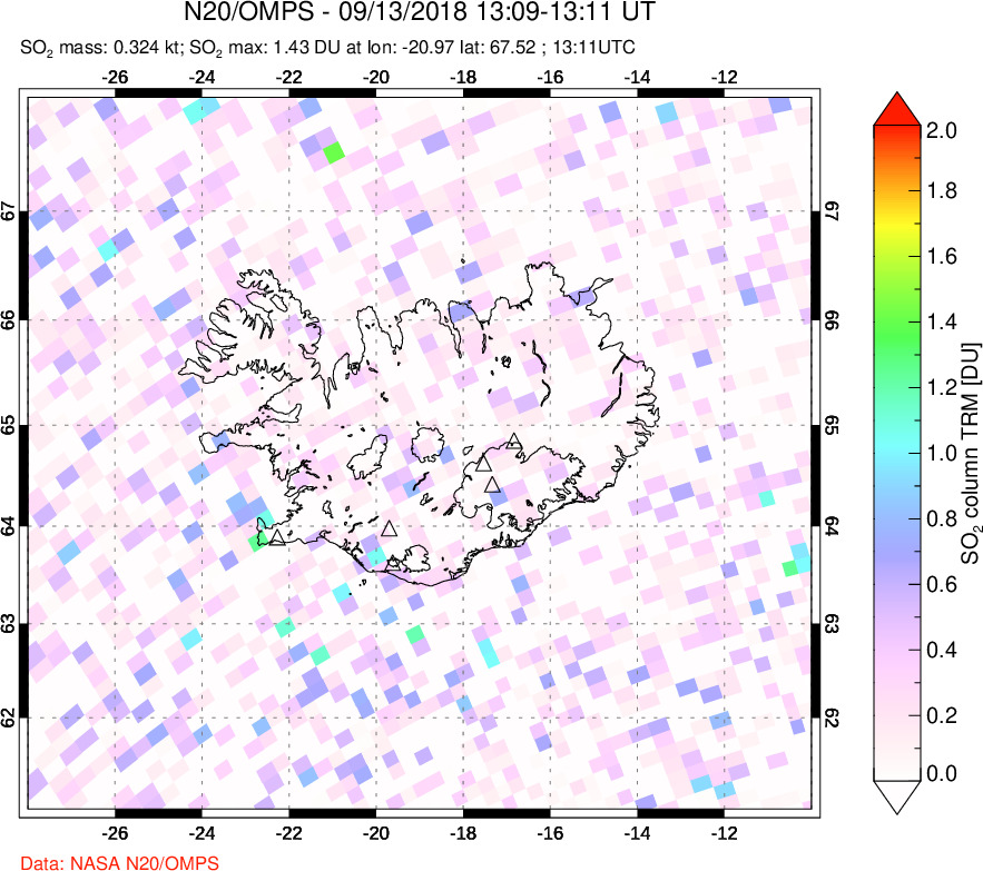 A sulfur dioxide image over Iceland on Sep 13, 2018.