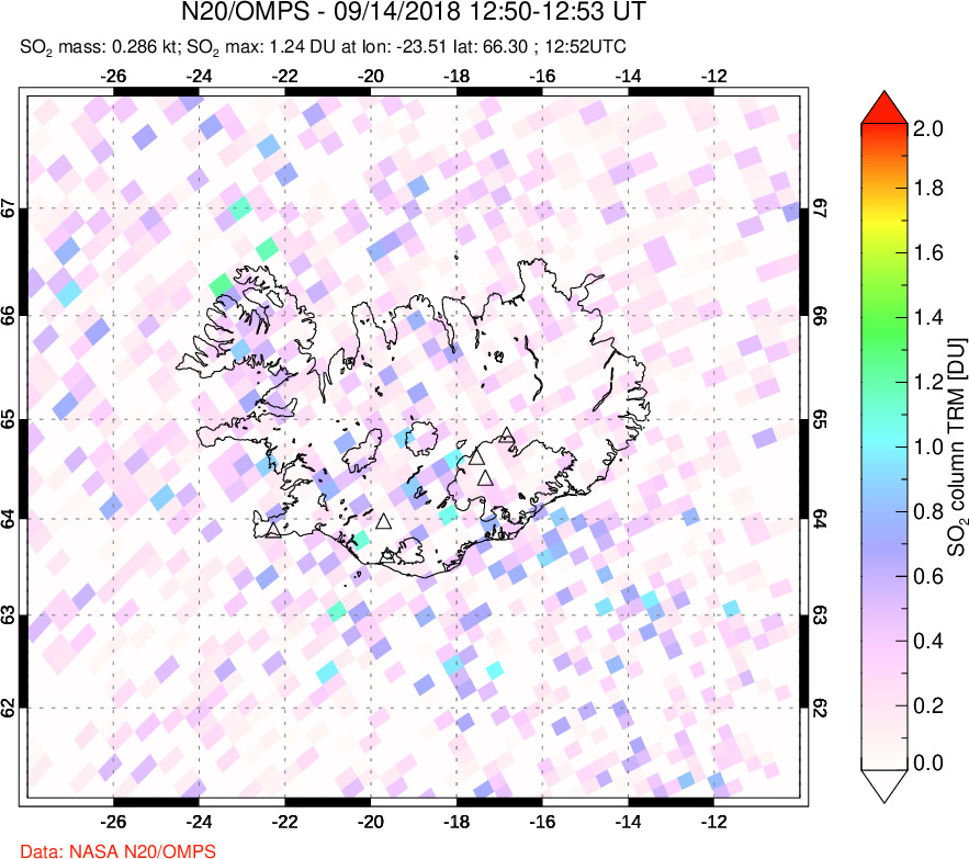 A sulfur dioxide image over Iceland on Sep 14, 2018.