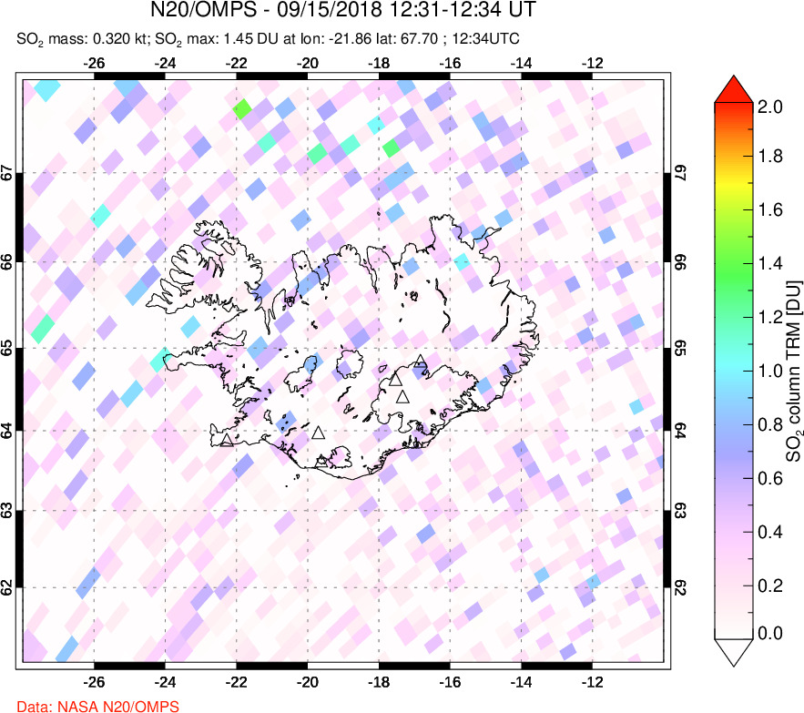 A sulfur dioxide image over Iceland on Sep 15, 2018.