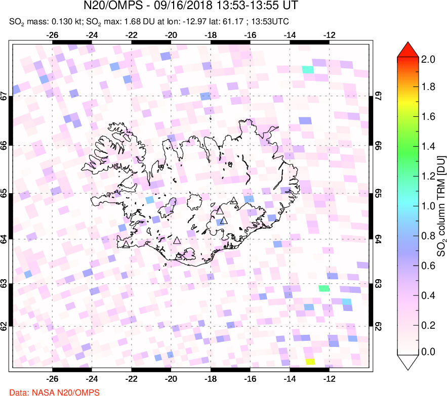 A sulfur dioxide image over Iceland on Sep 16, 2018.
