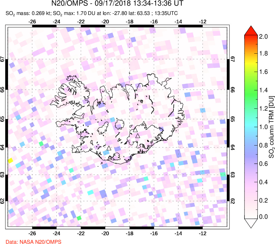 A sulfur dioxide image over Iceland on Sep 17, 2018.